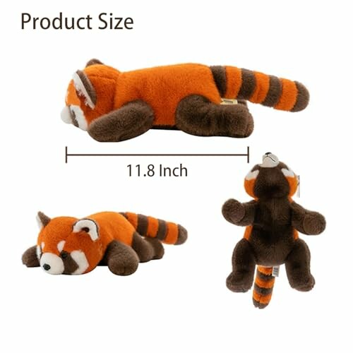 Three views of a plush red panda toy with product size description.