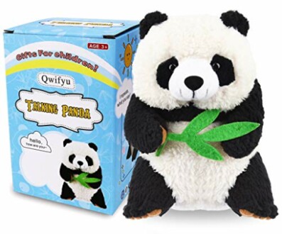 Talking panda plush toy with box packaging.