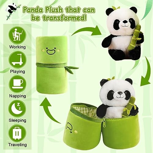 Transformable panda plush toy with multiple uses.