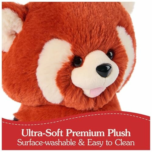 Close-up of an ultra-soft premium plush toy with surface-washable and easy to clean features.