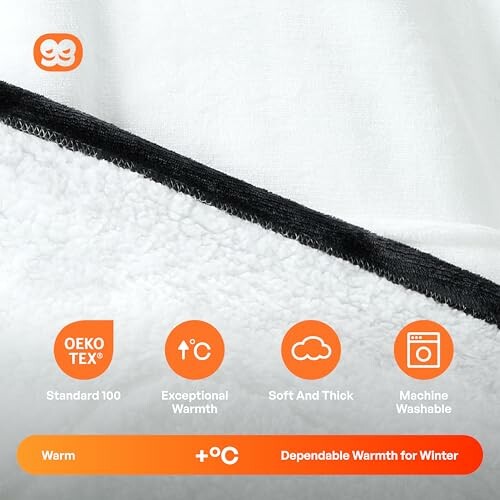 Close-up of a soft, warm winter blanket with OEKO-TEX certification and machine washable feature.