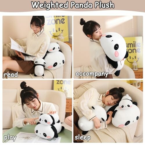 Four images of a person interacting with weighted panda plush toys in different activities: reading, accompanying, playing, and sleeping.