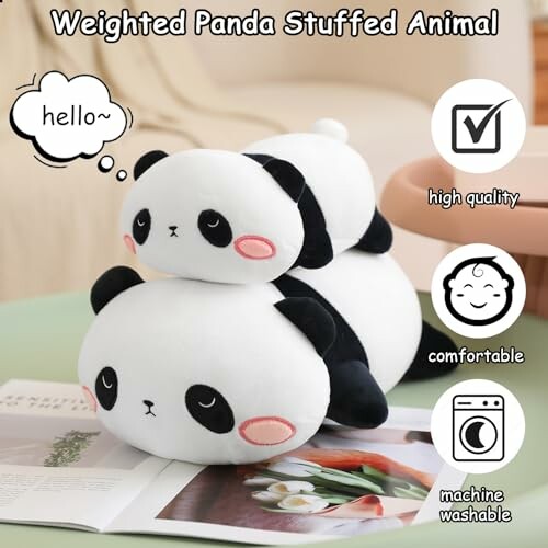 Two panda stuffed animals stacked on a table with text highlighting qualities: high quality, comfortable, machine washable.