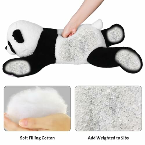 Hand holding a stuffed panda with cotton filling and weighted beads