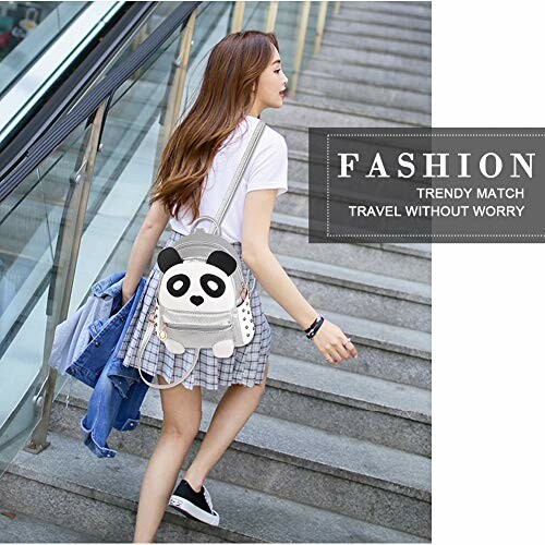 Woman with panda backpack walking up stairs