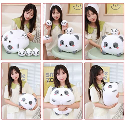 Woman holding and playing with panda plush toys in various scenes.